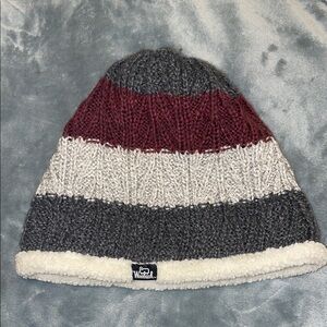 Woolrich Knit Beanie Wide Stripes Burgundy and Grays OS